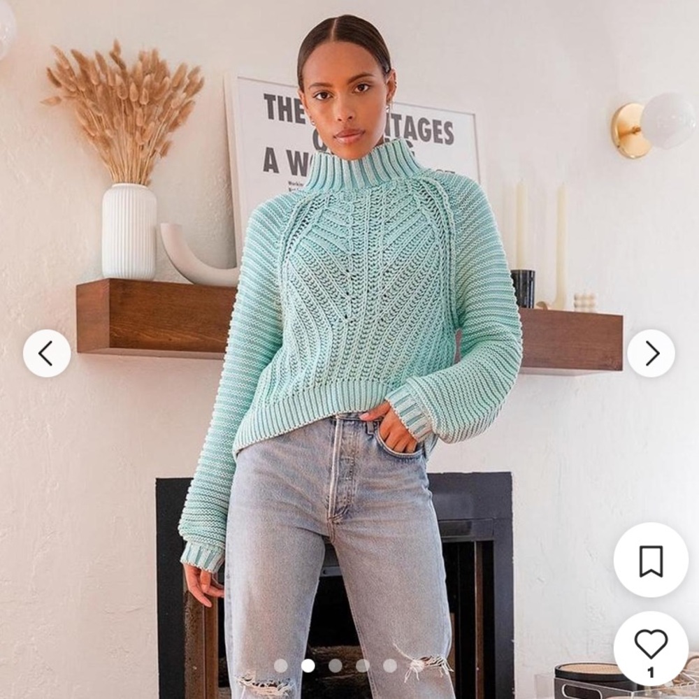 Free People Turquoise Chunky Knit Mock Neck Sweater